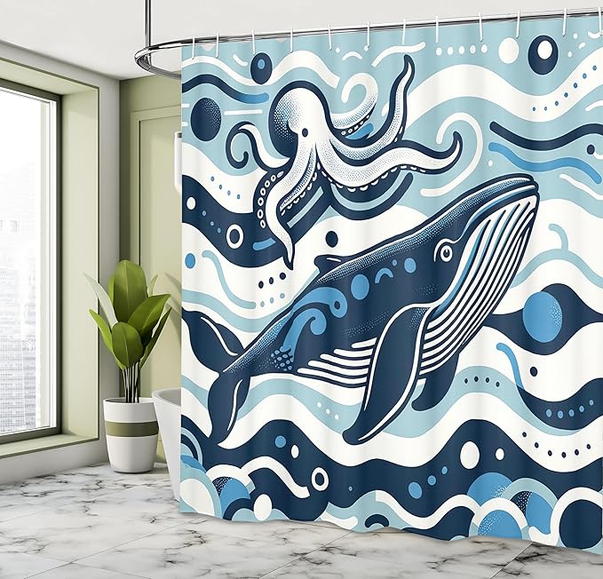Ambesonne Nautical Shower Curtain, Simple Cartoon Illustration of Funny Ocean Waves Whale and Octopus Characters, Cloth Fabric Bathroom Decor Set with Hooks, 69" W x 70" L, Sea Blue White