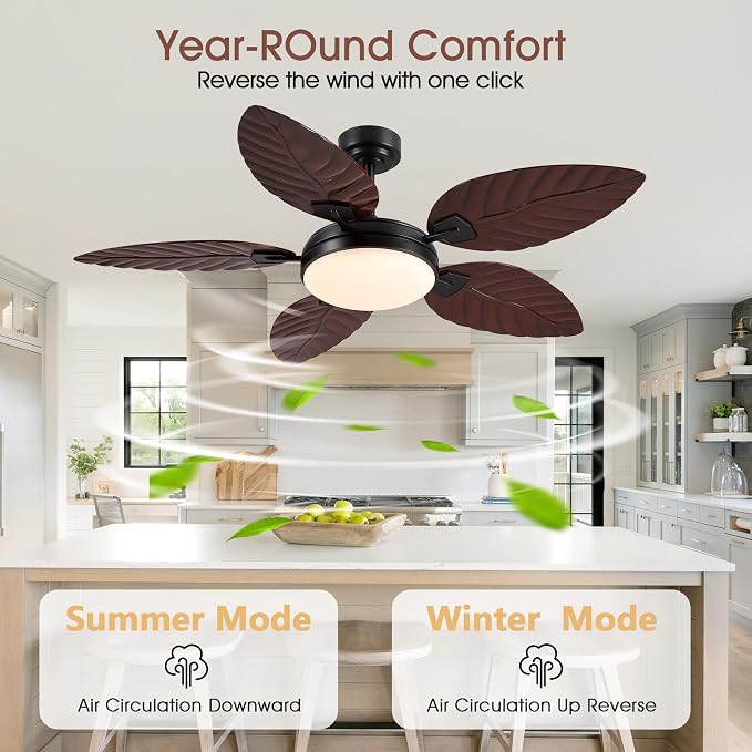 GJeg Tropical Ceiling Fans with Lights and Remote,52Inch Outdoor Palm Leaf Ceiling Fan for Patios Porch Bedroom, Dimmable LED Light, 6 Speeds, Reversible,Dark Brown