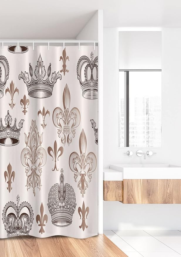 Ambesonne Fleur De Lis Stall Shower Curtain, Crowns and Fleur-de-Lis Shapes in Engraved Style Fame Symbolic Artwork Print, Fabric Bathroom Decor Set with Hooks, 36" W x 72" L, Beige Tan
