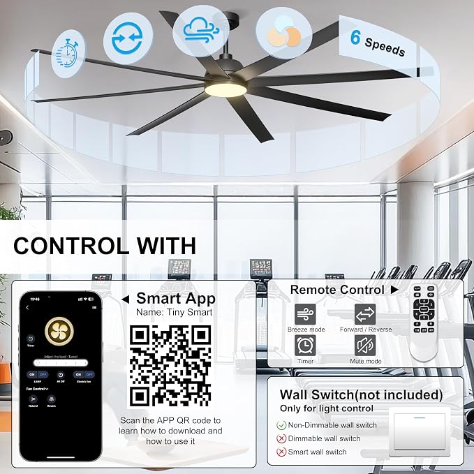 84'' Ceiling Fan with Lights - Remote & APP Control, Large Industrial DC Motor Fan for Covered Outdoor Patios, Warehouse, Shop, Garage, Black