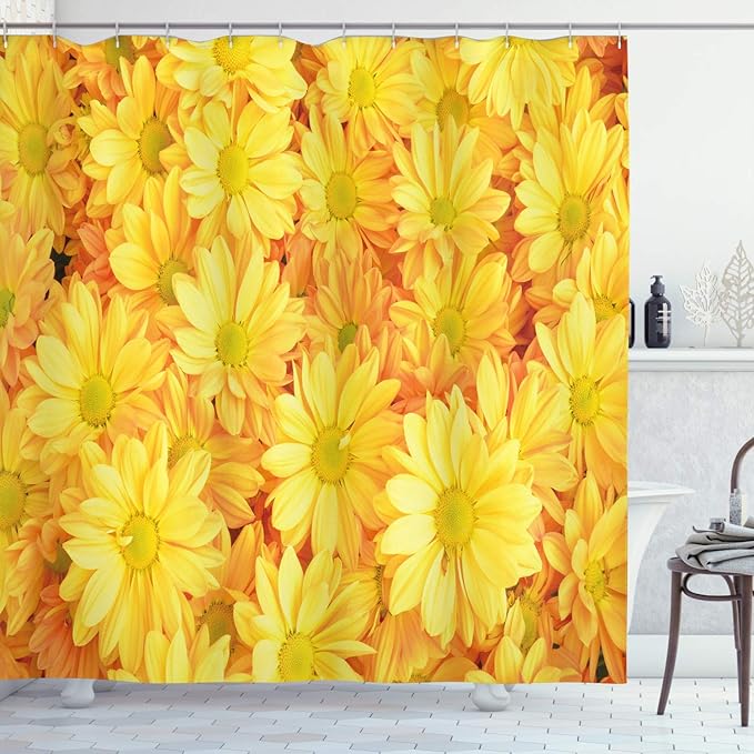 Ambesonne Yellow Flower Shower Curtain, Lively Daisies Fresh Bouquets with Natural Seasonal Bedding Plant Petals, Cloth Fabric Bathroom Decor Set with Hooks, 69" W x 70" L, Marigold Yellow