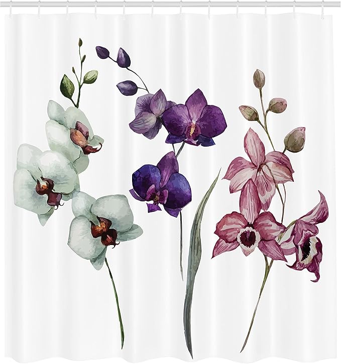 Ambesonne Watercolor Flower Shower Curtain, Different Orchid Flowers on Clear Background Exotic Blooms, Cloth Fabric Bathroom Decor Set with Hooks, 69" W x 70" L, Rose Purple