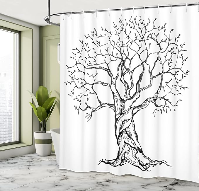 Ambesonne Tree of Life Shower Curtain, Aged Winter Tree with Curved Body Branches Old Expanding Roots Illustration, Cloth Fabric Bathroom Decor Set with Hooks, 69" W x 84" L, Black and White