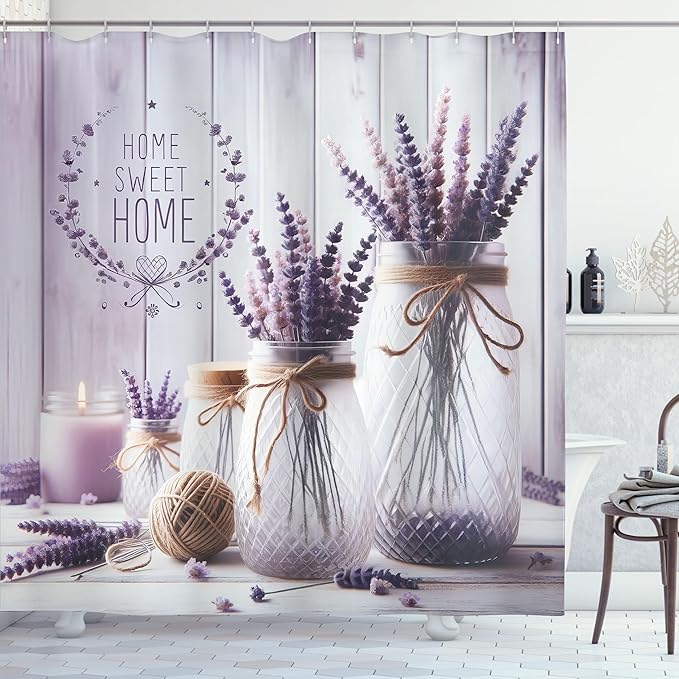 Ambesonne Purple Shower Curtain, Classic Farmhouse Lavender Flowers on Rustic Back with Home Lettering, Cloth Fabric Bathroom Decor Set with Hooks, 69" W x 84" L, Off White Grey Pink Lilac