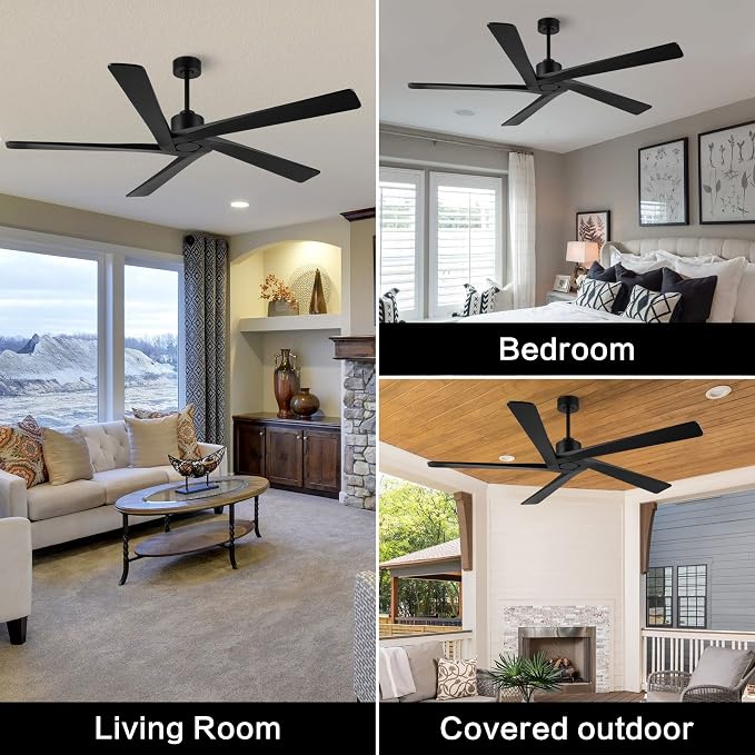 WINGBO 64 Inch DC Ceiling Fan without Lights, 5 Reversible Carved Solid Wood Blades, 6-Speed Noiseless DC Motor, Ceiling Fan No Light with Remote, Indoor Ceiling Fans in Matte Black Finish, ETL Listed