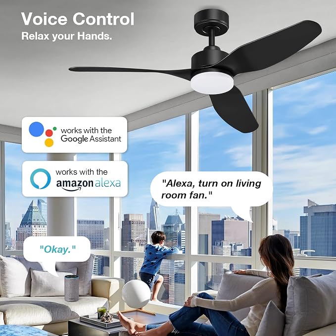 Hoenofly 48” Smart Ceiling Fans with LED Lights Remote,Quiet DC Motor,Dimmable,Outdoor Indoor Modern Ceiling Fan Controlled by WIFI Alexa App,3 Black Blades for Bedroom Living Room Patio Porch