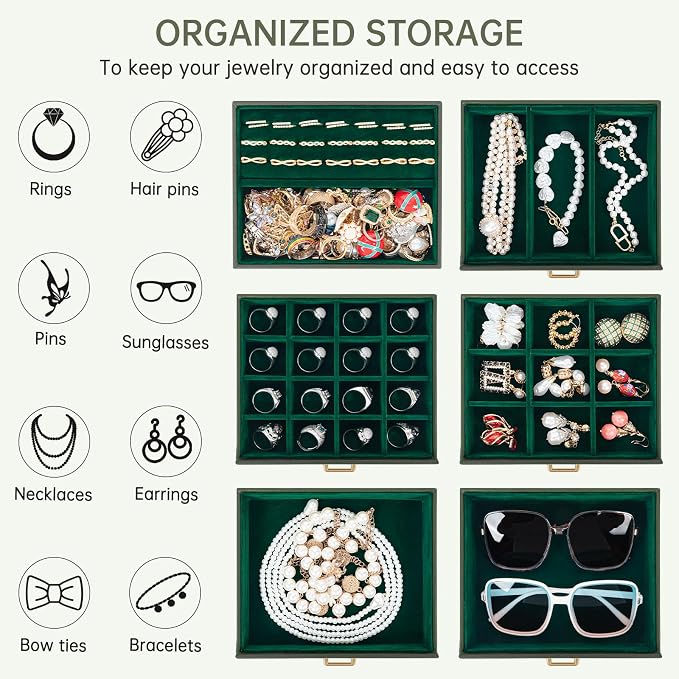 AKOZLIN 6-Tier Jewelry Box Organizer Functional 5 Drawers Leather Jewelry Storage Case for Women Girls Ring Necklace Earring Bracelet Holder Organizer with Mirror Medium Dark Green