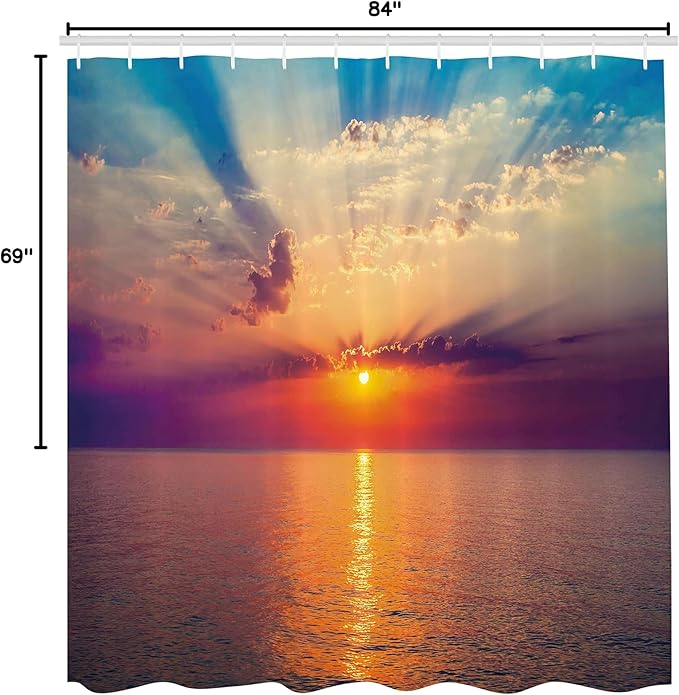 Ambesonne Ocean Shower Curtain, Majestic Sunrise in Tranquil Sea Horizon Dawn Rays Clouds Water Reflection, Cloth Fabric Bathroom Decor Set with Hooks, 69" W x 84" L, Orange Purple Blue