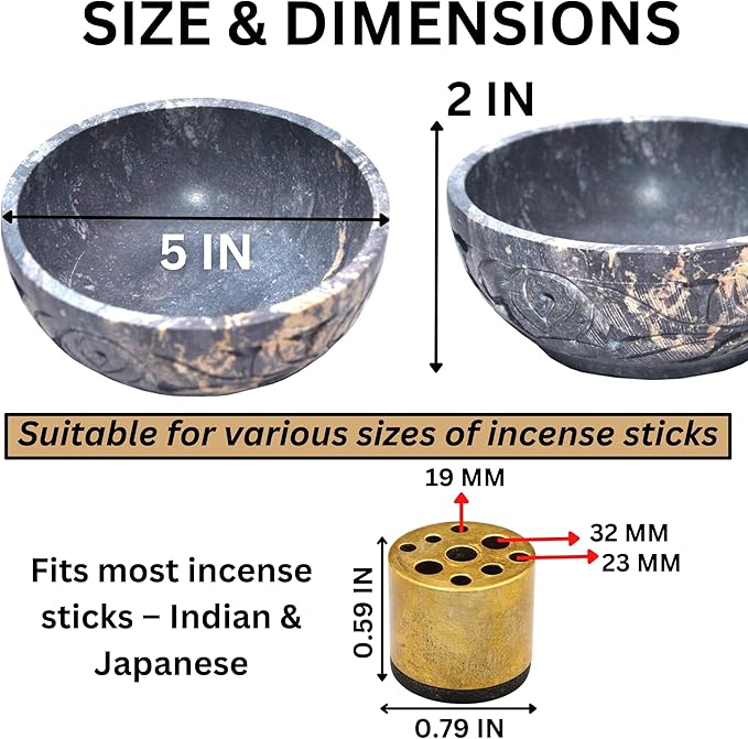 Natural Grey Marble Incense Holder Bowl – 5" Ash Catcher Burner for Meditation, Smudge, Palo Santo – 9-Hole Brass Insert Fits Most Incense Sticks.