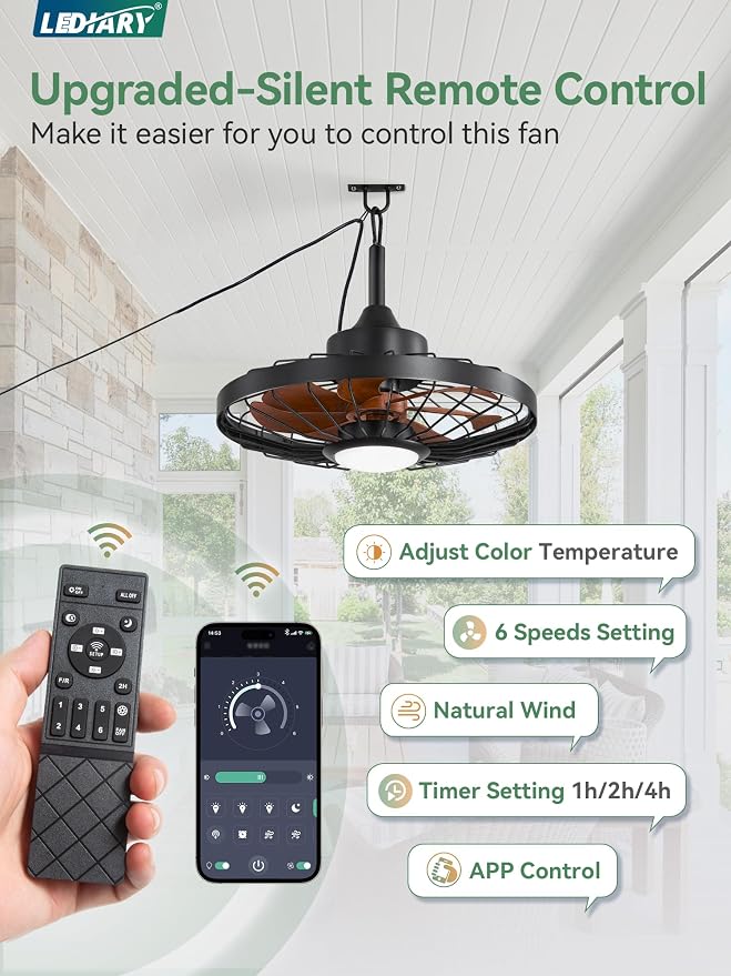 LEDIARY 20" Outdoor Ceiling Fan with Lights,IP65 Waterproof Gazebo Hanging Fan with Remote Control Smart App, Plug in Caged Ceiling Fan with 3CCT 6-Speeds for Patio Porch Pergola(Walnut)