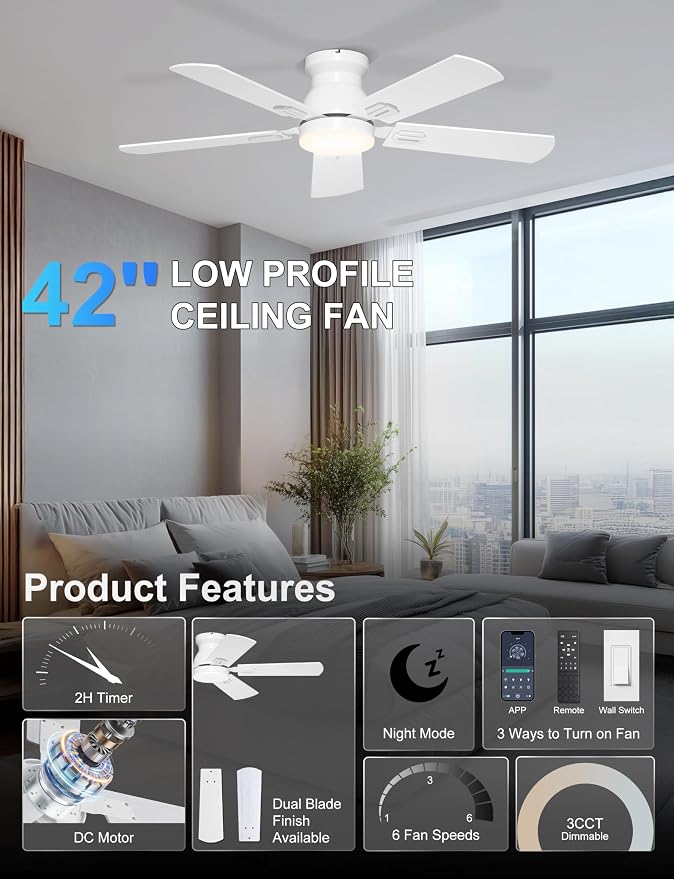 42'' White Flush Mount Ceiling Fans with Lights for Nursery Room | App/Remote Control, Low Profile, Space-Saving, Quiet DC Motor, 3CCT Dimmable, 6 Speeds Modern Overhead Fan for Low Ceilings
