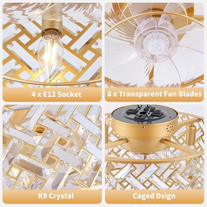 18 Inch Caged Ceiling Fans with Lights, Low Profile Crystal Fandelier Ceiling Fan with Lights and Remote & App Control for Low Ceilings Flush Mount Installation Indoor, Bulb Included Gold