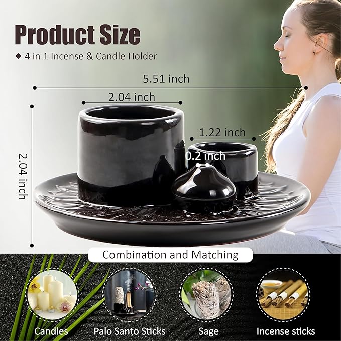 4 in 1 Ceramic Incense Burner, Sage Holder for Burning Bowl, Palo Santo Sticks Holder, Smudge Stick Ash Catcher Tray for Meditation Yoga Room (Blue)