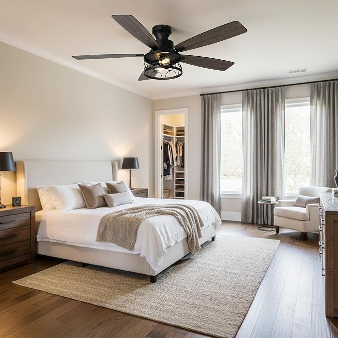52'' Flush Mount Farmhouse Ceiling Fan with Light and Remote Control | Reversible Quiet DC Wave Iron Cage Fan, 6 Speed 1/2/4H Timer Dual-Sided Wood Blades for Low Ceiling Bedroom Living Room