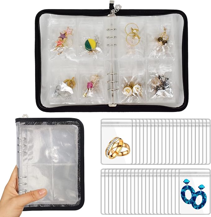 Earring Organizer Case Travel Jewelry Organizer Transparent Jewelry Storage Book for Necklace Bracelet Ring Holder with Small Clear Zippered Pouch