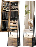 Nicetree Jewelry Cabinet Armoire with 2 Drawers, Lockable Standing Jewelry Mirror Cabinet, Full Length Mirror with Jewelry Storage, Rustic Brown