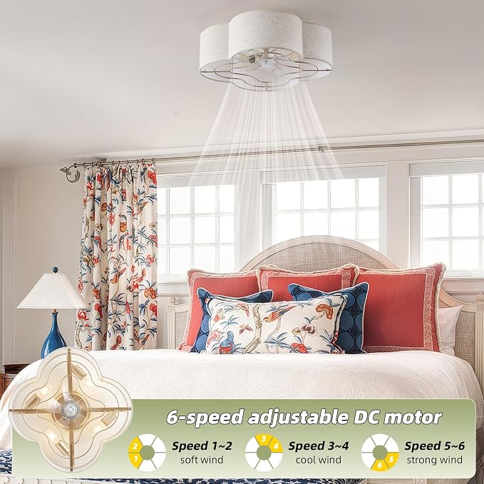 20" Boho Ceiling Fan with Light, Rattan Caged Flush Mount Ceiling Fan with Light Remote Control, Enclosed with 6 Speeds for Bedroom, Living Room, Foyer, Nursery (Beige)