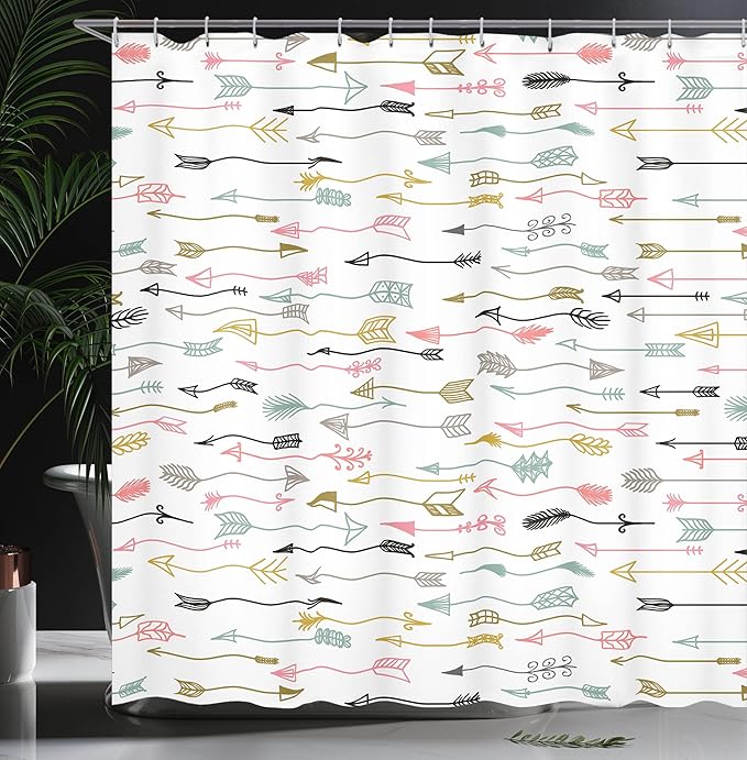 Ambesonne Arrows Shower Curtain, Colorful Arrows Pattern Aztec Najavo Inspired Style Artwork Image, Cloth Fabric Bathroom Decor Set with Hooks, 69" W x 70" L, White Multicolor