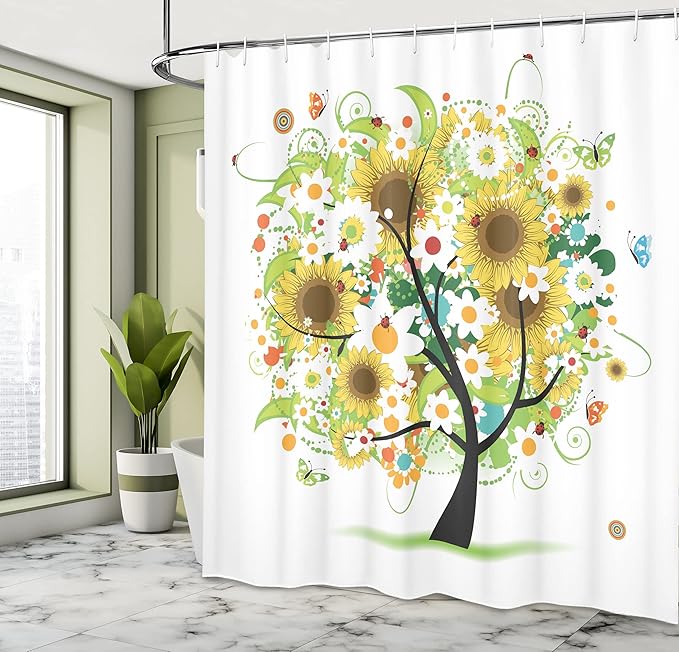 Ambesonne Sunflower Shower Curtain, Floral Tree with Daisies Sunflowers Butterflies Ladybugs Spring Fantasy Joyful, Cloth Fabric Bathroom Decor Set with Hooks, 69" W x 75" L, Green Black