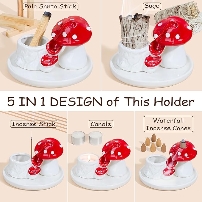 ZenBless 5 in 1 Mushroom Gifts Waterfall Incense and Candle Burner