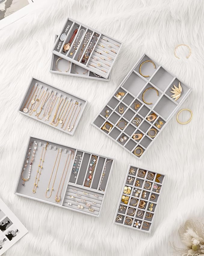 Lolalet Jewelry Drawer Organizer Inserts, Stackable Velvet Tray Jewelry Storage Organizers Set Display Cases for Necklaces Bracelets Earrings Rings Chains Bangles Watches, Grey, Set of 2