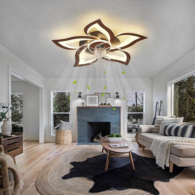 Flower Modern Ceiling Fans with Lights, Low Profile Ceiling Fan with Remote for bedroom, Flush Mount Ceiling Fan with LED Dimmable Light,3-Colors, 6-Speeds, Timing CeilingFans Light, Walnutcolor