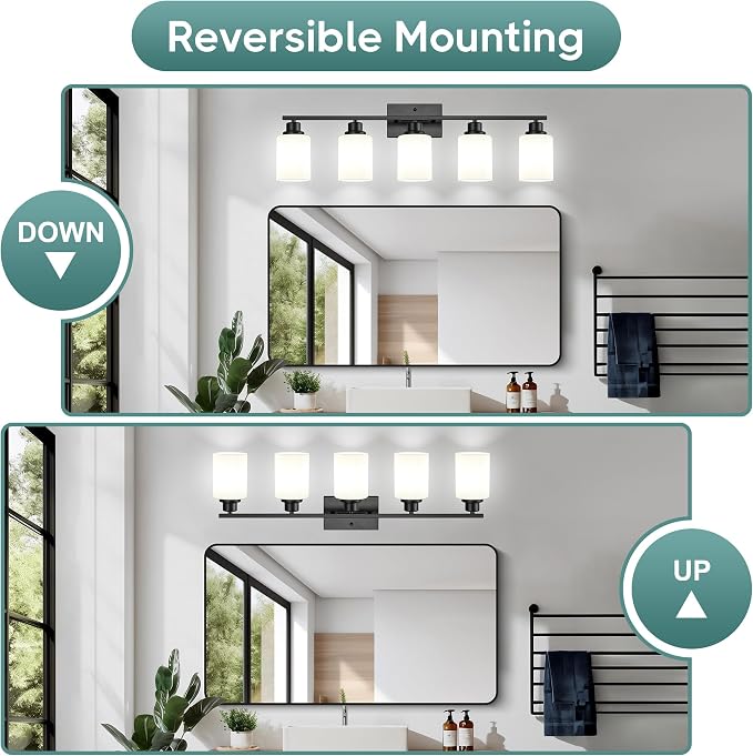 Ascher Bathroom Light Fixtures, 5-Light Vanity Light Over Mirror, Matte Black Wall Sconces with Milky White Frosted Glass Shades, Wall Lamp for Living Room Bedroom, E26 Base(Bulbs Not Included)