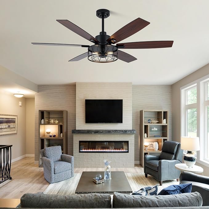 Dawn Whisper Black Ceiling Fans with Lights 60 Inch Farmhouse Ceiling Fan with Remote Quiet Reversible DC Motor 6 Speeds 8 Blades Large Industrial Chandelier Fan for Living Room Bedroom