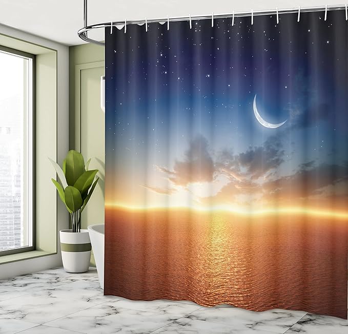 Ambesonne Ocean Shower Curtain, Sunset Sky with Moon and Stars Horizon Scenery Fantasy View Art Print, Cloth Fabric Bathroom Decor Set with Hooks, 69" W x 75" L, Navy Yellow Orange