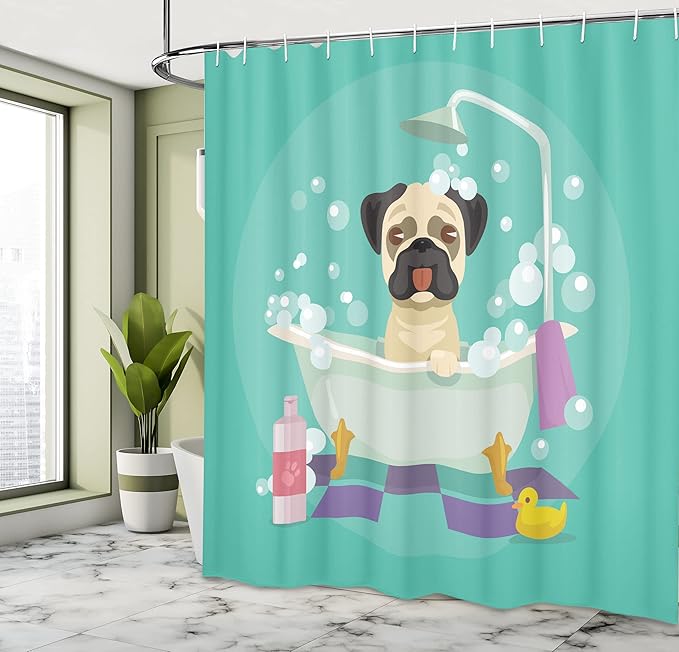 Ambesonne Cartoon Shower Curtain, Pug Dog in Bathtub Grooming Salon Service Shampoo Rubber Duck Pets in Style Image, Cloth Fabric Bathroom Decor Set with Hooks, 69" W x 75" L, Teal