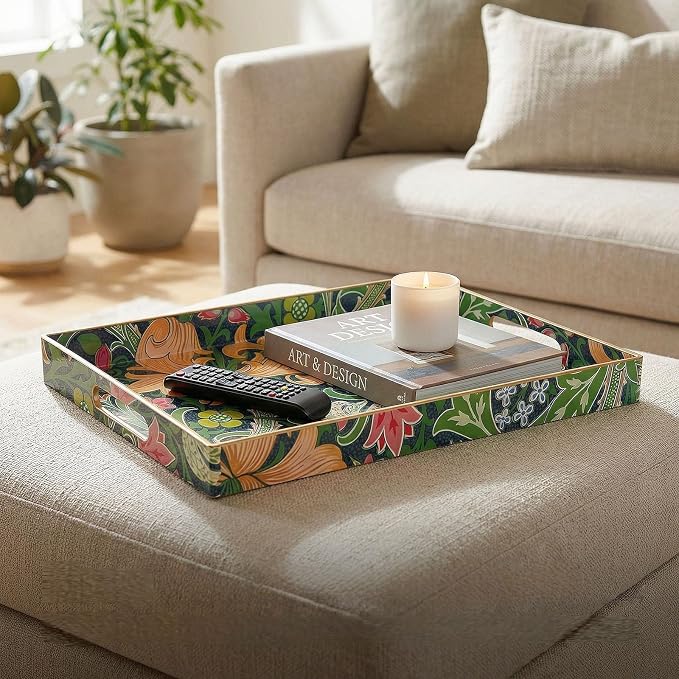 Decorative Tray, Marbling Plastic Tray with Handles, Rectangular Vanity Tray and Serving Tray for Bathroom, Kitchen, Ottoman and Coffee Table, 15.6" x 10.2" (Green Morris, 15.7 x 11.8 Inch)