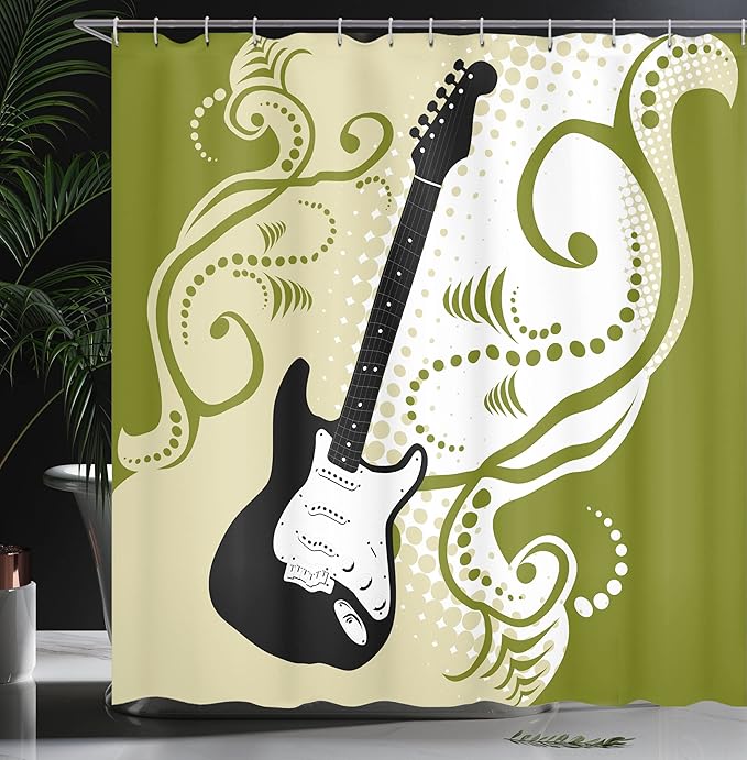 Ambesonne Music Shower Curtain, Electric Bass Guitar with Swirls Background Illustration, Cloth Fabric Bathroom Decor Set with Hooks, 69" W x 75" L, Olive Green White Black