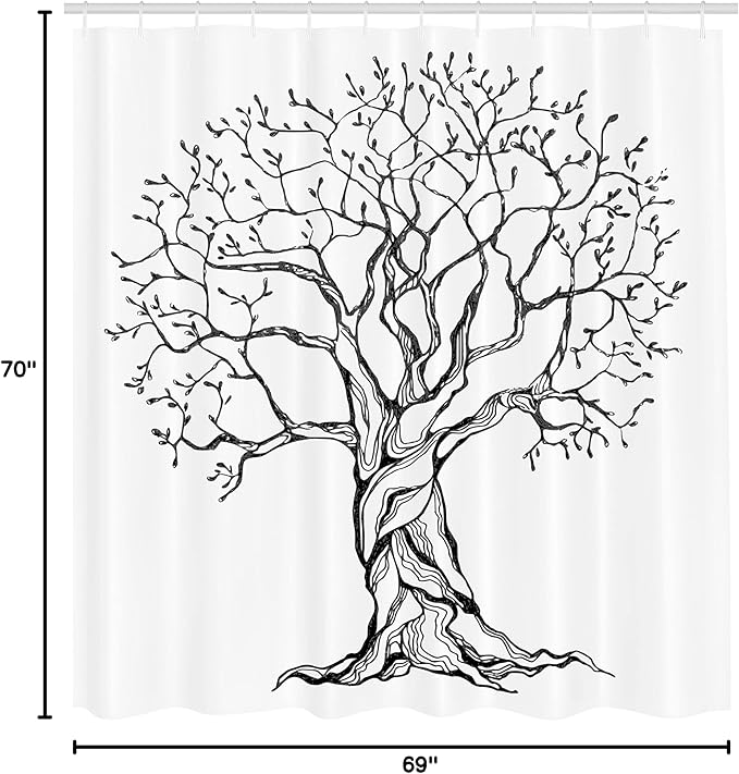 Ambesonne Tree of Life Shower Curtain, Aged Winter Tree with Curved Body Branches Old Expanding Roots Illustration, Cloth Fabric Bathroom Decor Set with Hooks, 69" W x 70" L, Black and White