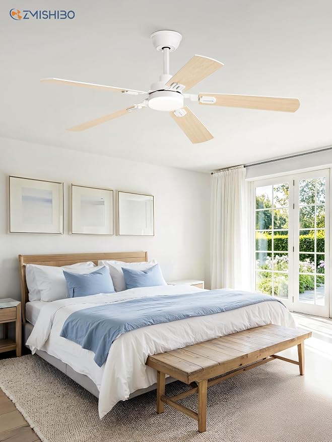 ZMISHIBO 52" Ceiling Fans with Lights, White Modern Ceiling Fan with Remote & App Control, bedroom Indoor Ceiling Fan with Dual Finish Blades, Quiet & Strong Motor, 24W Dimmable Bright LED Light.