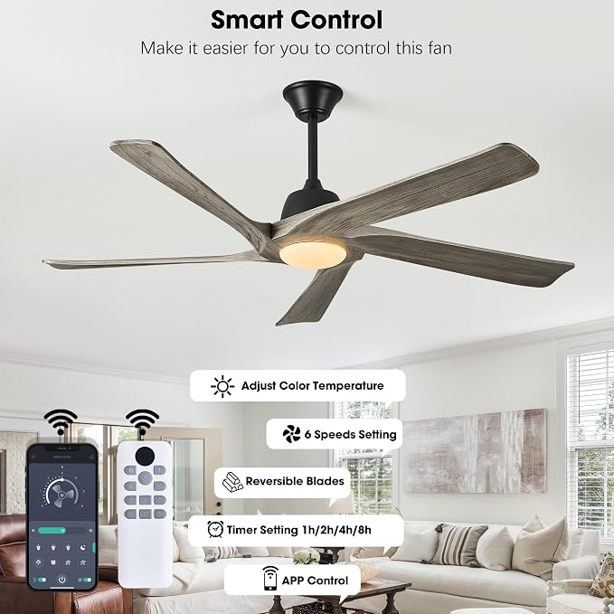 60" Solid Wood Ceiling Fan with Lights, Remote and APP Control, 3-color Dimmable LED, 6-speed Reversible, Modern Ceiling Fans for Bedroom, Living Room, Outdoor/Indoor, Greywood