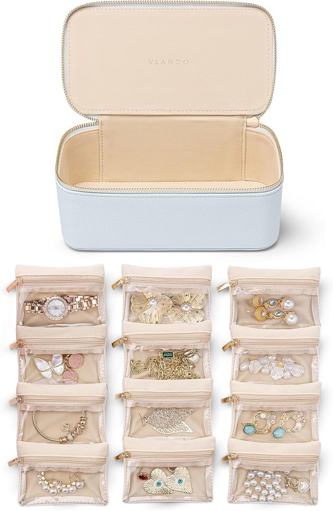 VLANDO Jewelry Travel Case,Travel Jewelry Organizer with Clear Velvet Jewelry Bags 12Pcs Zipper Pouch for Women Girls-Baby Blue