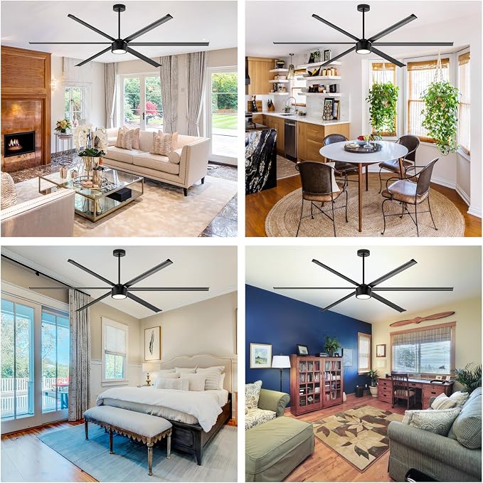 96 Inch Industrial Ceiling Fan with Light,Large Ceiling Fan with Remote and APP,6 Reverisble Aluminum Blades,6-Speed,Indoor,Outdoor Ceiling Fans for Patios/Shop/Garage/Commercial Black