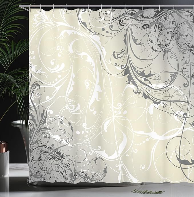 Ambesonne Floral Shower Curtain, Baroque Swirled Branches Curved Flower Leaves Shabby Form Nature Pattern, Cloth Fabric Bathroom Decor Set with Hooks, 69" W x 84" L, Eggshell White