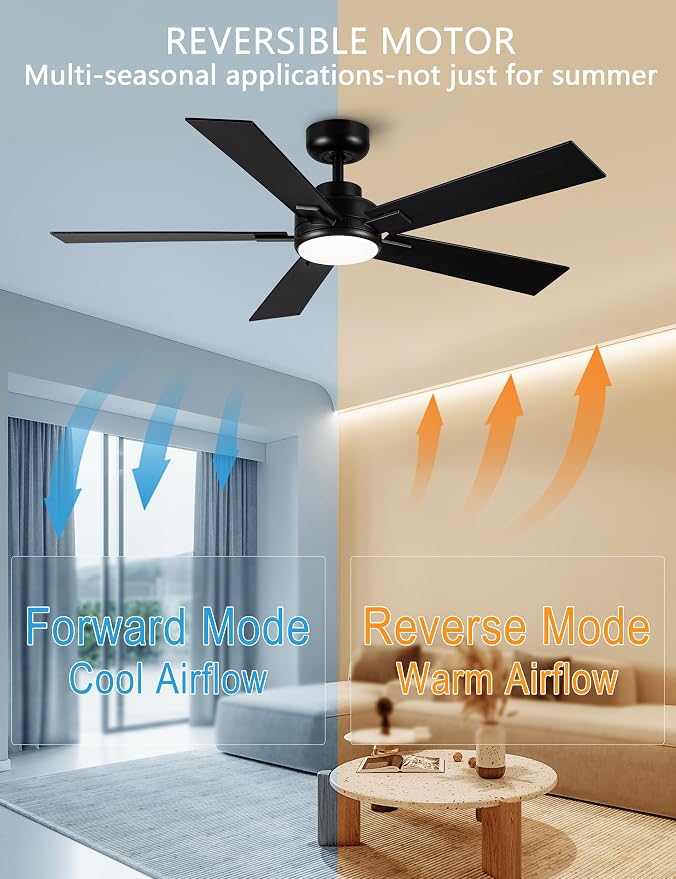 Modern Ceiling Fans with Lights - 52 inch Black Outdoor Ceiling Fan with Light and Remote, Reversible DC Motor, 6-Speed Quiet 3CCT LED Dimmable for Bedroom, Indoor and Outdoor, Patios , ETL Listed