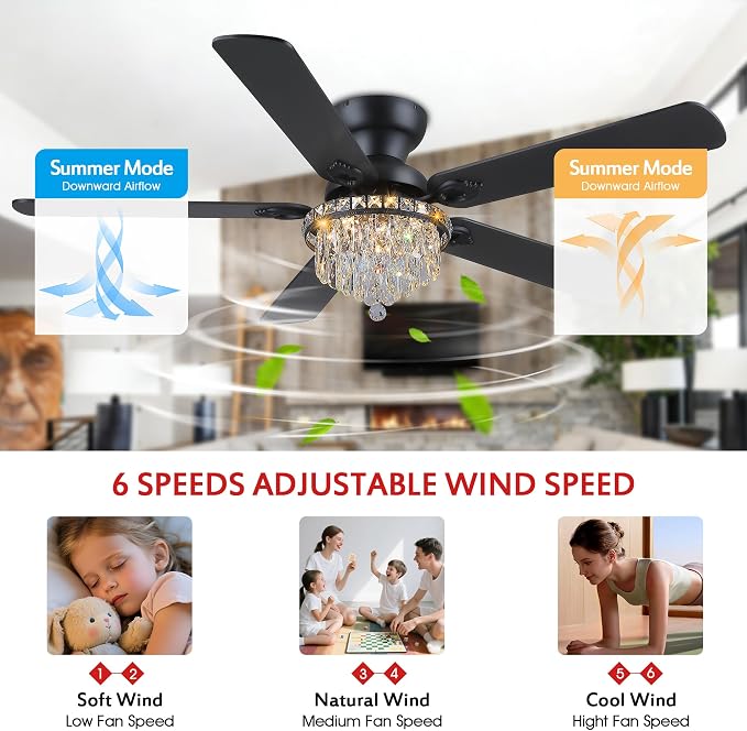 GJeg Crystal Ceiling Fan Fandelier with Lights-Ceiling Fans with Remote Control,Modern Ceiling Fan with Noiseless DC Reversible Motor,Dining Room,Living Room(52" Black)