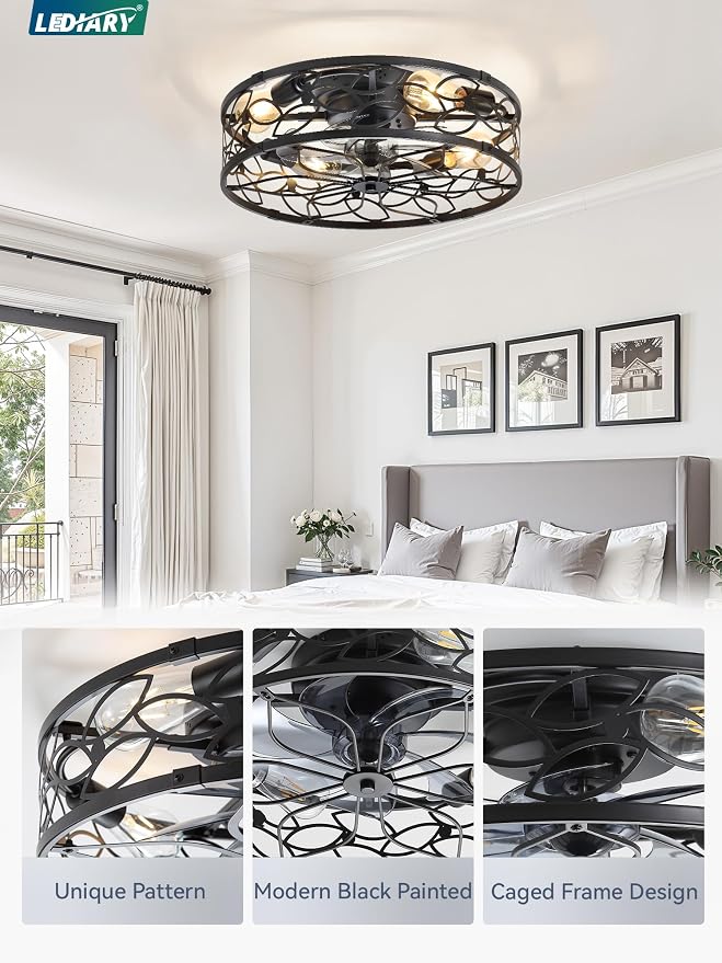 LEDIARY 20 Inch Caged Ceiling Fans with Lights, Black Flush Mount Ceiling Fan with Remote, Low Profile Bladeless Ceiling Fan Light Fixture for Bedroom, Kitchen, Dining Room