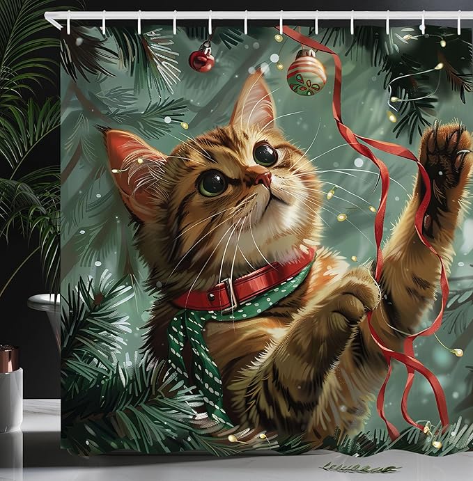 Ambesonne Christmas Shower Curtain, Vintage Vibe Whimsical Kitten Playing with Xmas Trees Lace Ornate, Cloth Fabric Bathroom Decor Set with Hooks, 69" W x 70" L, Hunter Green and Vermilion