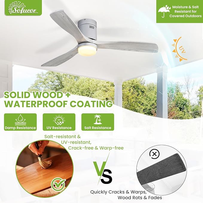 Sofucor 52 Inch Low Profile Ceiling Fans with Light, Modern Flush Mount Solid Wood Ceiling Fan with Airflow 5000CFM, Quiet DC Motor, 6 Speeds, Timer & Reversible for Bedroom Living Room, ETL, Gray
