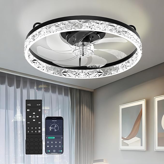 20'' Low Profile Ceiling Fan with Light and Remote, Diamond Black | Flush Mount 7-Blade Fandelier with App Control, 3CCT Dimmable, Reversible DC Motor, 6 Speeds Ceiling Fan for Bedroom