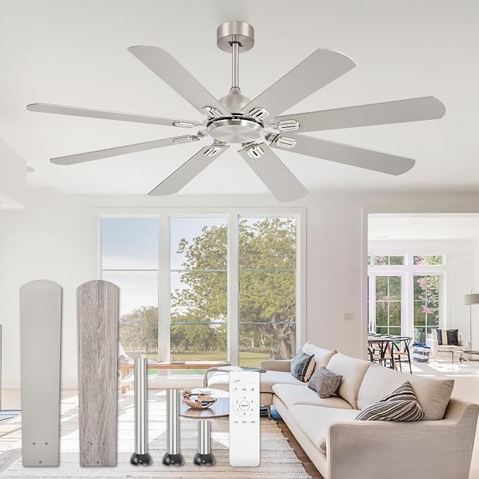 Fanbulous Ceiling Fans No Light with Remote, Modern Ceiling Fan Without Light, Dual Finish 6 Blades, Reversible Quiet DC Motor, 6 Speed, Large Ceiling Fan for Indoor or Outdoor (Nickel, 62 Inch)