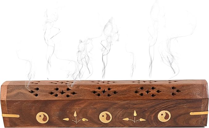 Incense Garden Pack of 2 Incense Stick Holder - Coffin Style - Wood Incense Stick Burner with Ying YANG Inlays (Natural) Handmade with Brass Inlays