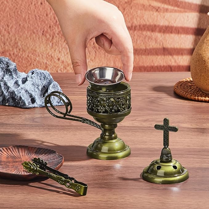 Zonon 2 Sets Incense Burner with Tong, Frankincense Charcoal Incense Stand Holder, Ideal for Yoga, Spa, Aromatherapy, Home and Christian Church Censer (Bronze,Classic)
