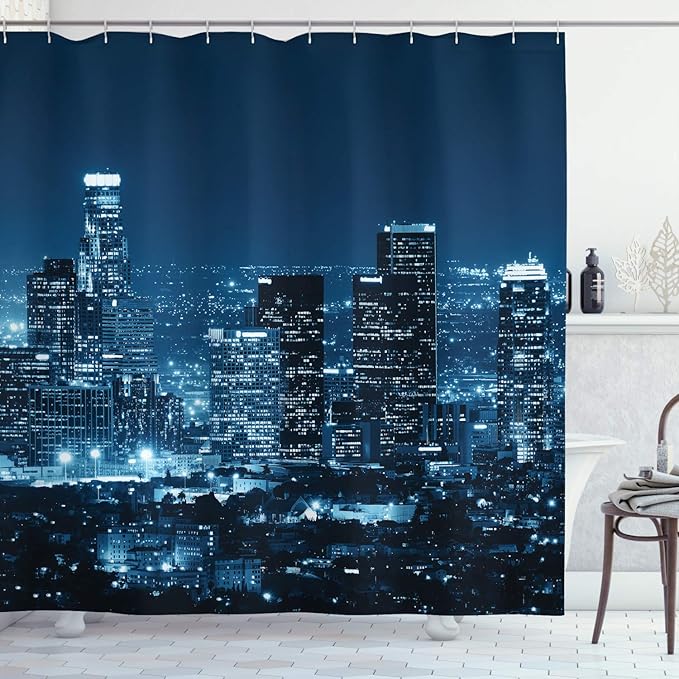 Ambesonne USA Shower Curtain, Los Angeles City Buildings at The Monochromic Night Time Photo of Scenery Town at Dusk a Scenic View, Cloth Fabric Bathroom Set with Hooks, 69" W x 75" L, Night Blue