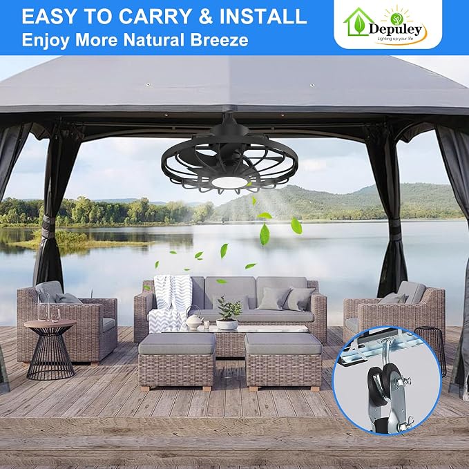 Depuley Gazebo Fans Outdoor Hanging: 20 Inch Black Plug In Caged Outdoor Fan with Light and APP Remote Control - Waterproof Ceiling Fan for Patio Porch Pergola Reversible DC Motor