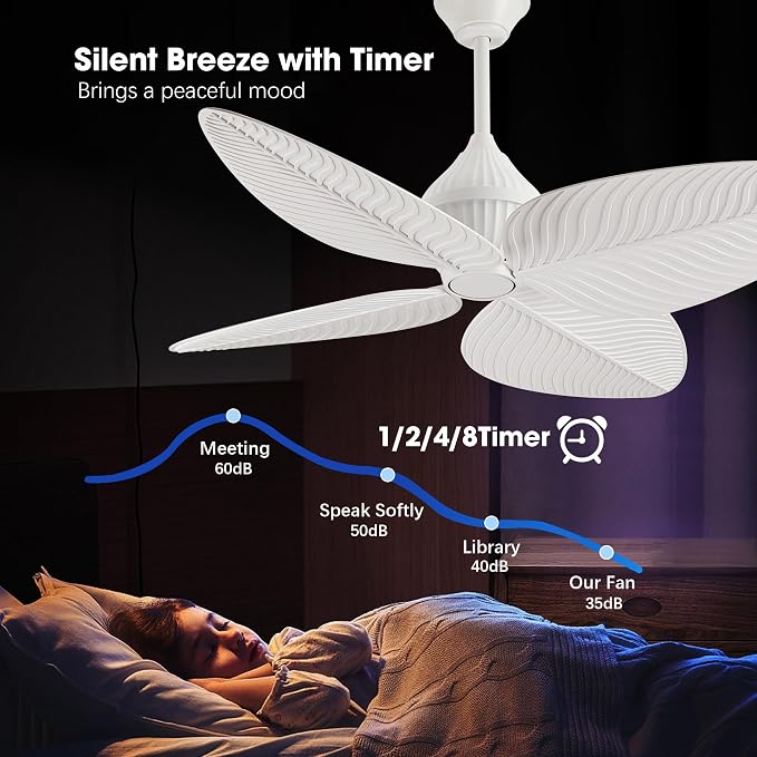 52" White Tropical Ceiling Fans, Flush Mount Palm Leaf Ceiling Fan no Light, Indoor Ceiling Fans Without Light for Living Room Bedroom Kitchen Covered Gazebo, APP and Remote Control